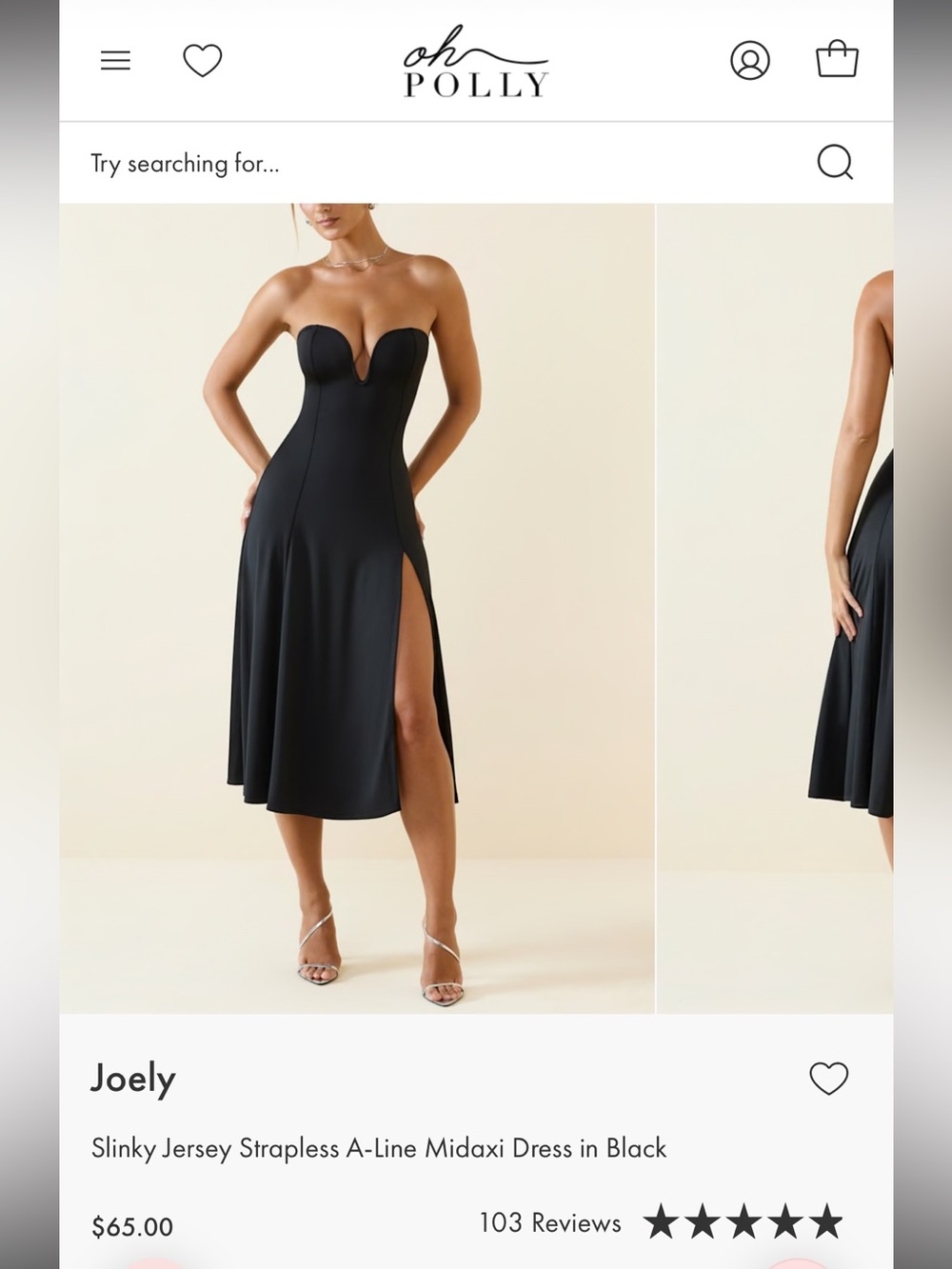 Oh Polly Joely Slinky Jersey Strapless A-Line Midaxi Dress in Black